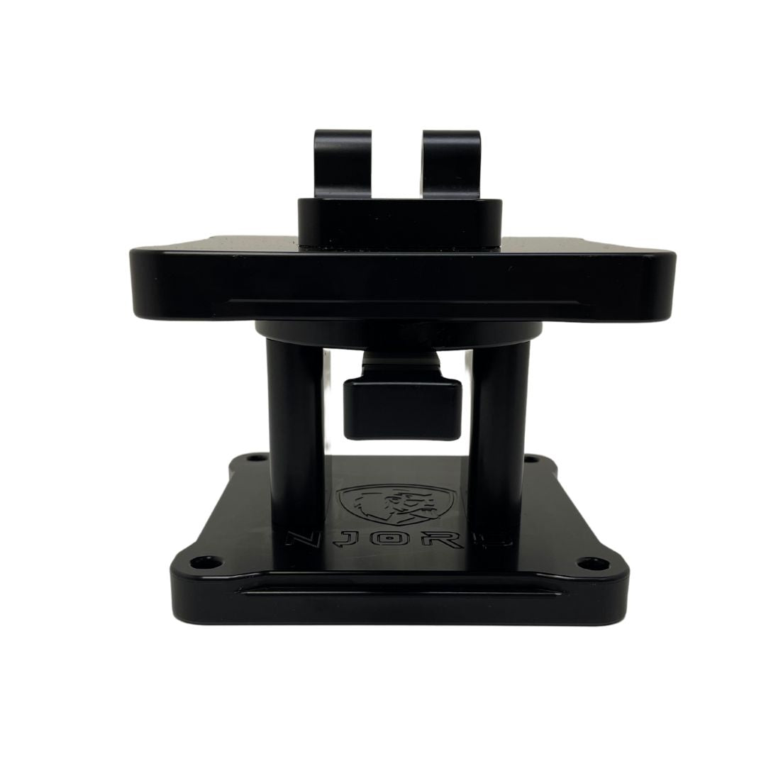 Front view of Black Swivel base, showing logo and push button 