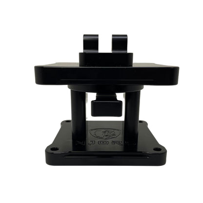 Front view of Black Swivel base, showing logo and push button 