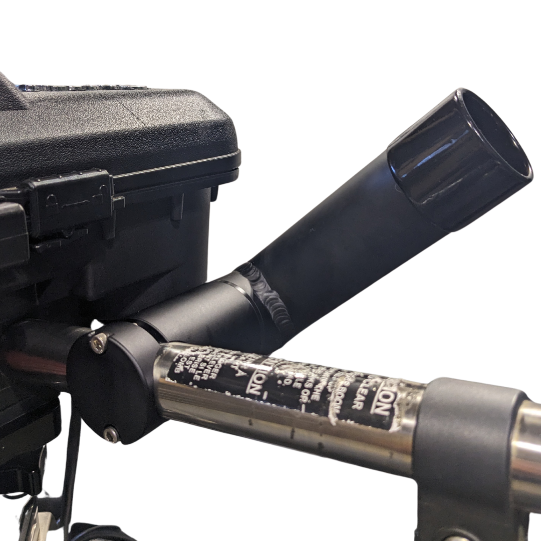 Njord black RH1 mounted to a Scotty downrigger. View is from the back showing how it is mounted to the boom. It is in the fishing position.