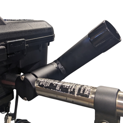 Njord black RH1 mounted to a Scotty downrigger. View is from the back showing how it is mounted to the boom. It is in the fishing position.