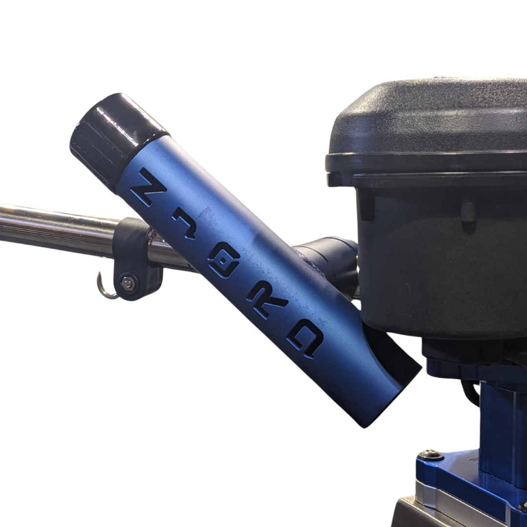 Blue RH1 mounted to the boom of Scotty downrigger. It is in the forward fishing position and you can see the NJORD lettering engraved on it.