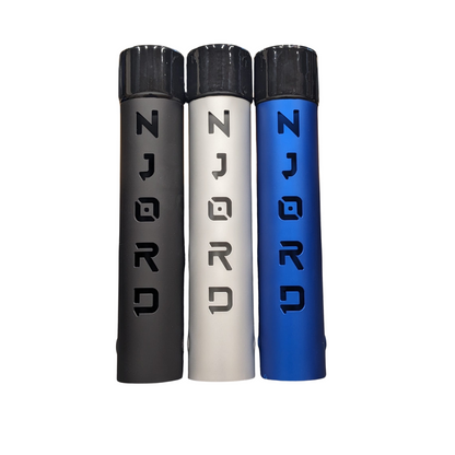 Three Njord boom mounted rod holders in vertical orientation, displayed in black, silver, and blue colors, with the brand name 'NJORD' engraved on each.