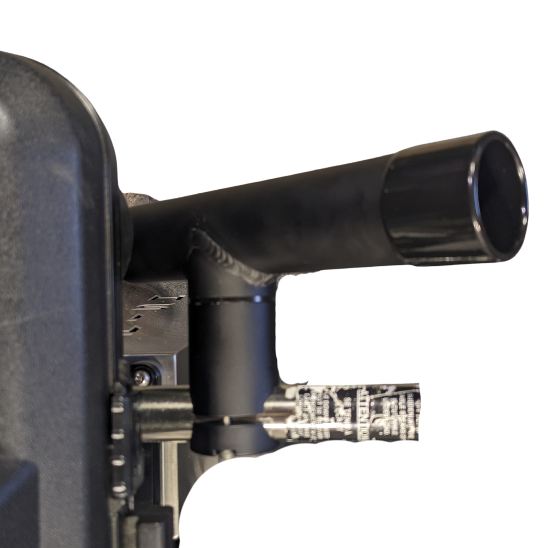 View is top down of a Black RH1 mounted to the boom of a Scotty downrigger. The Rod holder is tilted forward in the fishing position. 