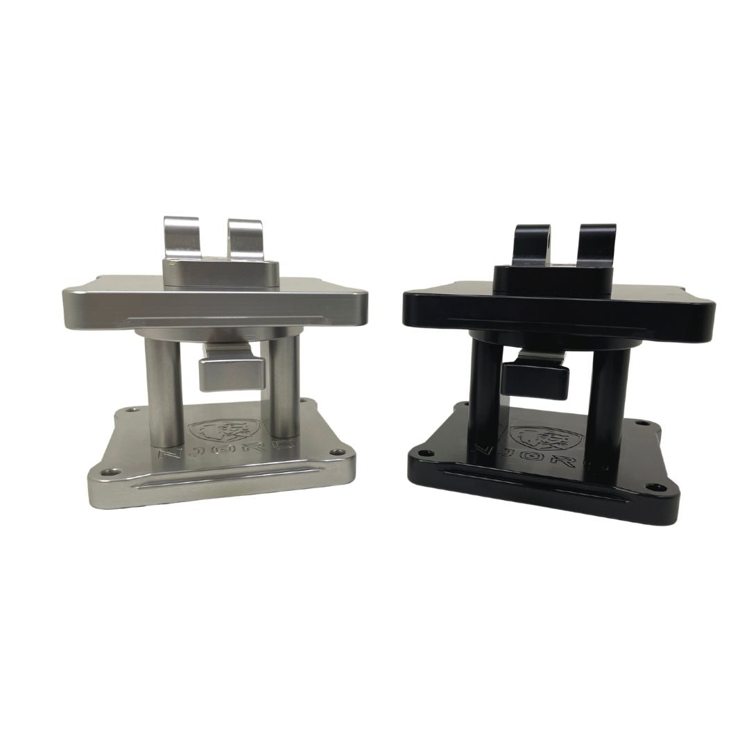 Two swivel bases, one silver and one black, made of aluminum with visible mounting points.